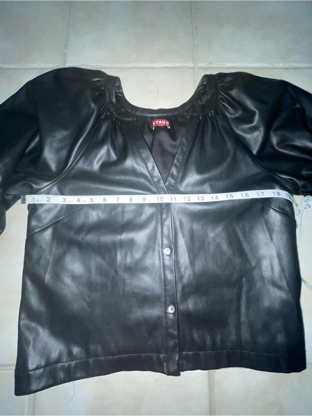 STAUD Black Dill Faux Leather Puff-Sleeve Buttoned Top M